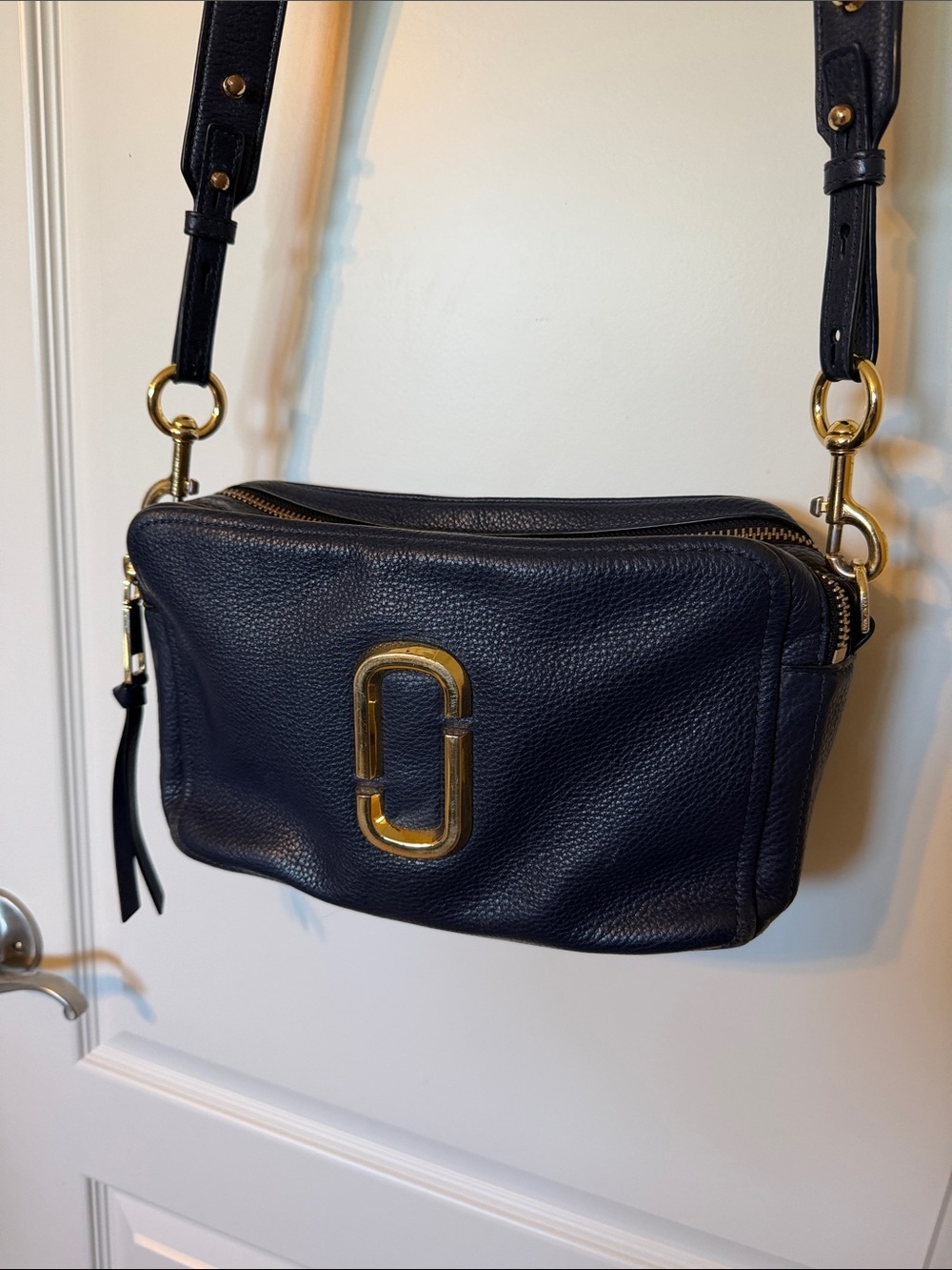Marc Jacobs Navy Leather Double Zip Crossbody with Gold Hardware
